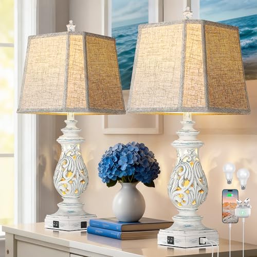 PARTPHONER 29" Table Lamps Set of 2, Bedside Lamps with USB A+C Ports & Night Light, Farmhouse Nightstand Lamps with Linen Fabric Shades for Bedroom Living Room, Washed Blue (LED Bulbs Included) by PARTPHONER