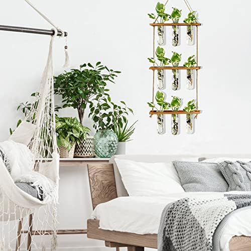 XXXFLOWER Wall Hanging Propagation Station with Wooden Stand Glass Test Tubes Tiered Planters Wall Terrarium for Home Office Plant Hanger Flower Vases Wall Decor Hydroponic Cuttings (9 Tube Vases) - Image 3