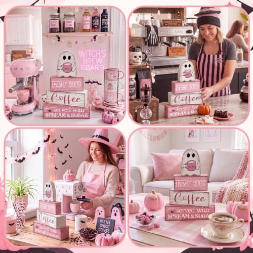 Moucuny 4 Pcs Pink Halloween Table Decorations Coffee Ghost Wooden Blocks - Image 6