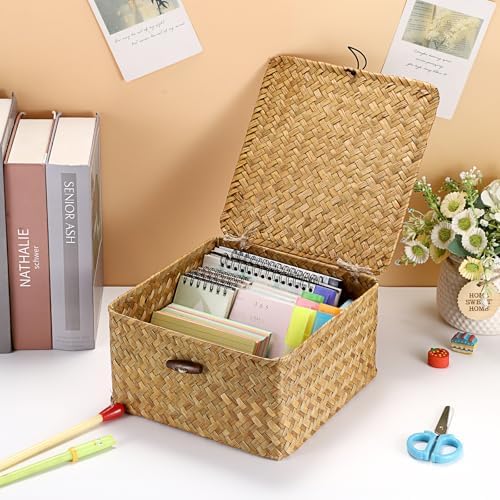Hipiwe Handwoven Wicker Shelf Basket Bin with Lid Decorative Baskets Box - Image 5