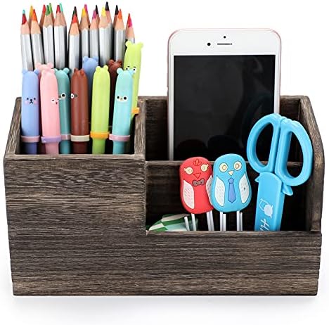BTSKY Desk Pen Pencil Holder Retro Wood Multi-Function Desk Stationery Organizer Storage Box Pen/Pencil, Business Name Cards Remote Control Holder Office Home Accessories Organizer Vintage Brown - Image 2