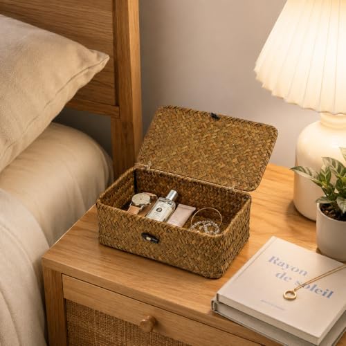 Seagrass Wicker Storage Basket with Lid, Small, Black - Image 2
