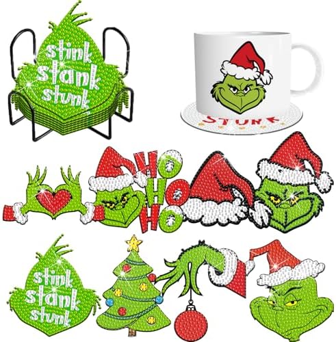 8 Pcs Christmas Diamond Art Painting Coasters Kits DIY Cartoon Diamond Art Painting Coaster Xmas Green Coasters with Holder Diamond Craft Painting Kits Supplies for Holiday Gift by Demonwer