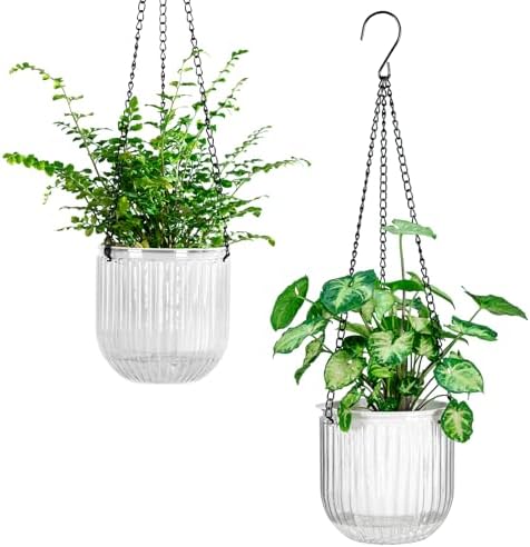 Melphoe 2 Pack Self Watering Hanging Planters Indoor Flower Pots, 5.3 Inch Outdoor Hanging Basket, Plant Hanger with 3Hooks Drainage Holes for Garden Home (White) by Melphoe