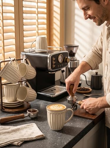 HASENSE Coffee MugsSet of 4, 16 Oz Embossed Vertic Fluted Ceramic Cups - Image 3