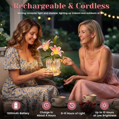 Flower Table Lamp, 3 Color Lily Night Light, Rechargeable Cordless Touch Dimming Artificial Flower Light, LED Flower with Glass Vase Lamp for Girls Women Mom (Pink Lily) - Image 5