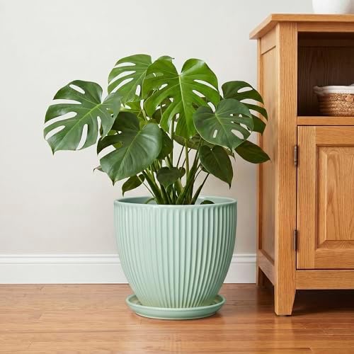 10 Inch Planter Indoor, Ceramic Pots for Plants Indoor, Decorative Plant Pots with Drainage Hole and Saucer, Large Modern Planter, Round Flower Pot, Floor Decor, Women Men Gifts, Mint Green - Image 6