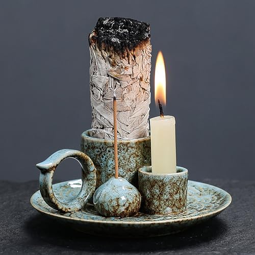 4 in 1 Ceramic Incense Burner Holder with Handle for Burning Sage, Palo Santo Stick, Joss Sticks, Candle in Your New House, Office, Yoga, Meditation Room (Speckled Blue) - Image 2