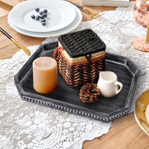 CedarLux Decorative Coffee Table Serving Tray, Long Octagonal Black Wood Tray with Wooden Bead, Farmhouse Big for Ottoman Table, Countertop, Home Decor, 16.5"x13"x1.6" (Retro Black) - Image 3