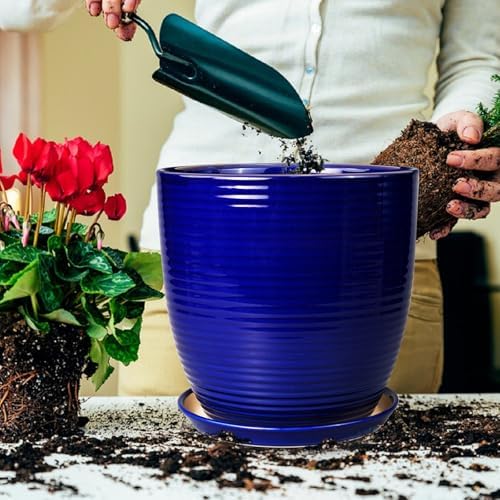 Ceramic Planter Pot - 12 Inch Pot for Plants Large Indoor Plant Pot with Drainage Hole and Saucer Fluted Round Planter for Outdoor Plants Flower Pot for Home Garden Blue - Image 4