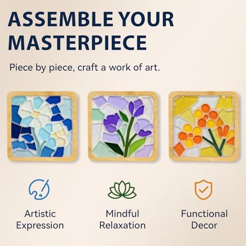 Glizma 6 Sets DIY Acrylic Mosaic Coaster Kit with Floral Patterns, Unique Floral Design Coasters Craft Kit for Adults & Women, Complete Mosaic Coaster Making Kit for Home Decor & Gifts - Image 4
