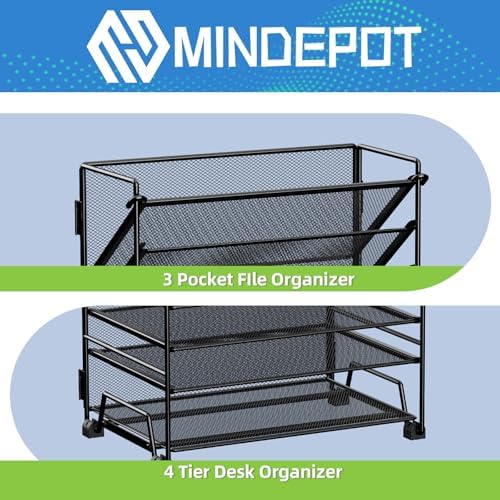 MINDEPOT 4-Tier Paper Organizer + 3-Pocket File Holder, Desktop File Organizers Paper Tray for Office School Classroom Workspace Organization (Black Desk Organizer, No Drawer & No Pen Holder) - Image 3
