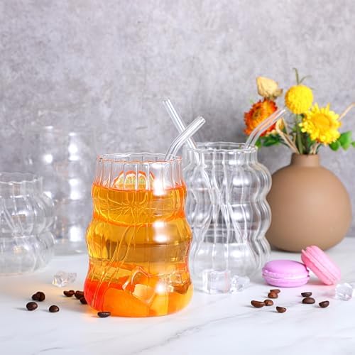 MAQUITA 4 Pcs Ribbed Glass Cups with Glass Straw, Cute Aesthetic Vintage Drinking Glasses, Wave Shape Design Bubble Cups for Iced Coffee Juice Cocktails Tea Milk - Image 6