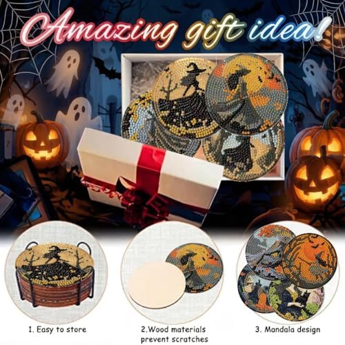 LWZAYS 8 Pcs Halloween Diamond Art Coasters Kit - DIY 5D Small Diamond Painting Coasters with Holder, Diamond Art Kits for Adults Coasters, Arts and Crafts for Adults - Image 6