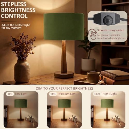 18.5" Modern Dimmable Walnut Wood Table Lamp with Velvet Shade, Green - Image 5