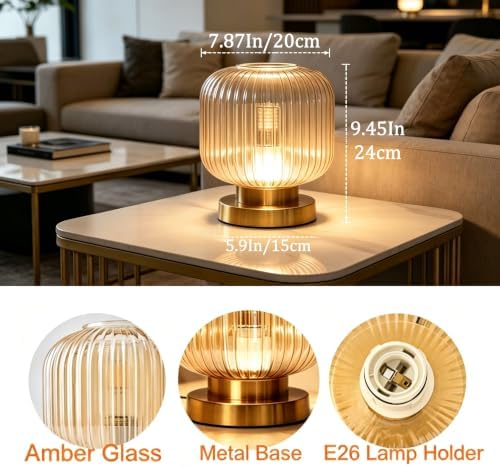Mid Century Modern Table Lamp, Amber Ribbed Glass Nightstand Light with Gold Base, Vintage Decorative Desk Lamp for Bedroom Living Room Study - Image 5