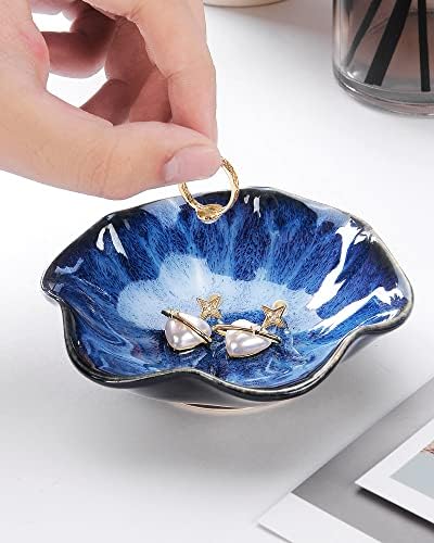 2PCS Lotus Leaf Shape Ring Holder Dish, Small Key Bowl, Ceramic Trinket Tray Jewelry Dish Organizing Necklace Earrings for Mom Friend Sister, All Jewelries Are NOT Included.White+Deep Blue. - Image 6