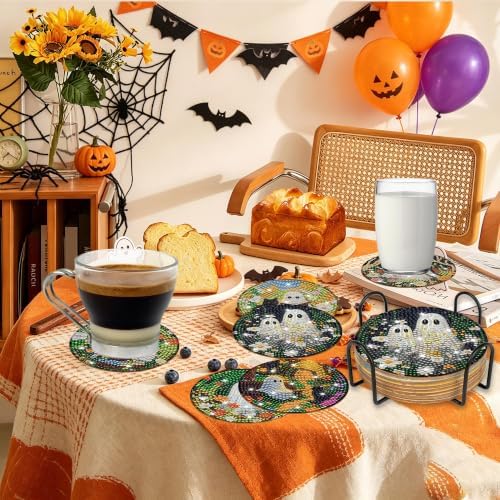 CRASHOT Halloween Floral Ghost Diamond Art Coasters Kit, 8 Pcs - Image 7