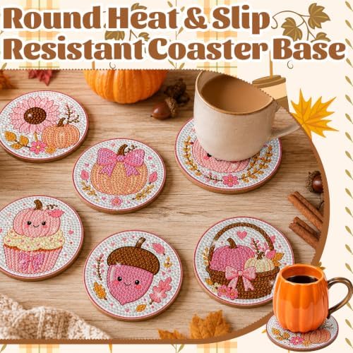 8 Pcs Fall Diamond Art Coasters with Holder Autumn Pumpkin Maple Leaf Kit - Image 6