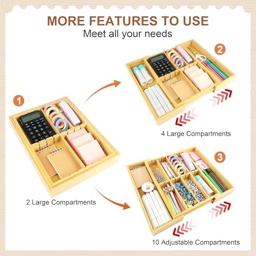TREWAVE Bamboo Desk Drawer Organizer, Expandable Drawer Organizer Tray - Image 4
