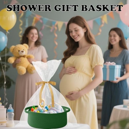 Woven Rope Basket - Baby Gift Basket with Bag & Ribbon, Green - Image 4