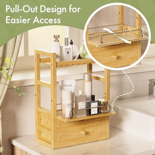 AmazerBath Bamboo Bathroom Counter Organizer, 2-Tier Makeup Organizer with 2 Drawers, Vanity Organizer Storage Coffee Matcha Station, Compact Shelf for Bathroom Kitchen Office Countertop - Image 4