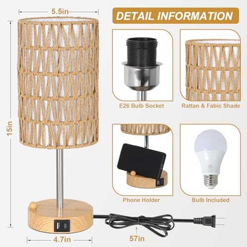 Bedside Lamps Set of 2 with Bulb, Touch Control Nightstand Lamp for Bedroom with Rattan & Linen Shade, 3 Way Dimmable Small Boho Table Lamps with USB Charging Port & Phone Stand - Image 2