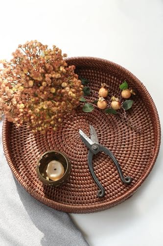 HITOMEN Hand-Woven Round Rattan Serving Tray Decorative Ottoman Wicker Platter with Handles for Coffee Table, Breakfast, Drinks, Snack, Bread, Fruit, Vegetables (Brown Set of 2: M+L) - Image 5