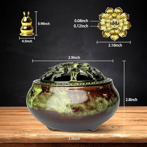Ceramic Incense Burner, Bowl Burner,Cone Incense Burner with Brass lid for use with Stick or Cone-Shaped Incense，Lotus Incense Stick Holder Calabash Incense Stick Holder, 3pc (Fambe Green) - Image 3