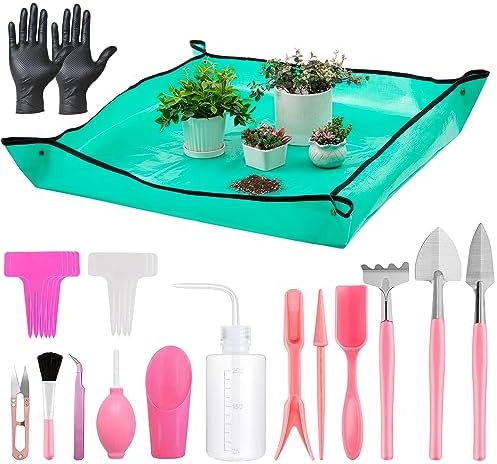 Melphoe 25Pcs Mini Garden Hand Transplanting Succulent Tools Set, 39.4" Thickened Repotting Mat & Plant Tag, Miniature Planting Indoor Fairy Care, Potting, Cactus, Houseplant Bonsai Tool Kit (Pink) by Melphoe
