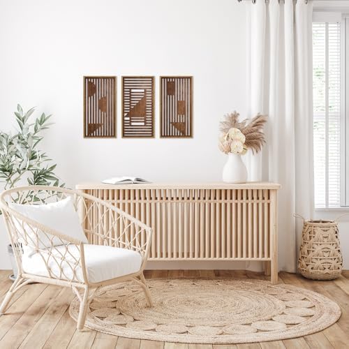 HPNIUB 3PCS Wooden Geometric Wall Decor, Modern Stripes Wood Design Wall Sculpture for Living Room, Vintage Minimalist Mid Century Rectangle Wood Sign Geometry Artwork for Home Bedroom(8x16Inch) - Image 3