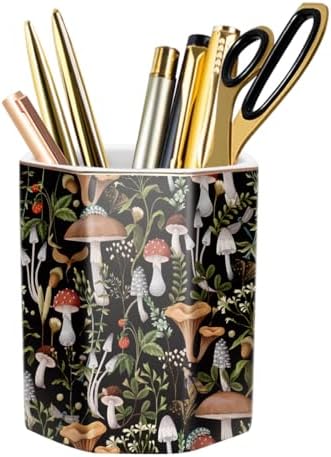 Cute Ceramic Pen Holder for Desk, Pencil Pen Cup, Makeup Brush Holder, Desktop Supplies and Accessories for Women, Pen Pencil Stationery for Office Home Art Supply, Mushrooms Pattern by WAVEYU