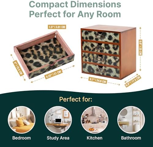 Classic Leopard Print Wooden Desk Organizer - 4-Drawer Desktop Storage - Rustic Wood Cabinet for Office Supplies, Craft Tools, & Home Organization - Luxurious Drawer Unit - Image 2