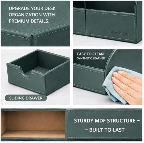 UnionBasic Desk Organizer - Multifunctional Leather Desktop Pen Holder Storage Box - Business Card/Pen/Pencil/Mobile Phone/Stationery Holder, Dark Ivy - Image 2