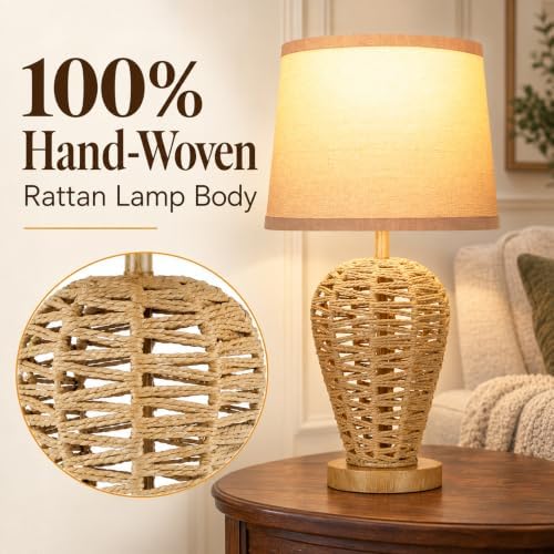 19" Boho Table Lamp with 100% Hand Woven Rattan Body & Wood Grain Finish - Image 4