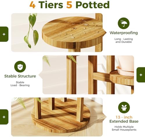 Bamworld Plant Stand Indoor Wood Plant Shelf 4 Tier Brown - Image 3
