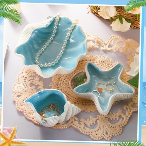 Teenyyou 3 Pcs Ceramic Seashell Jewelry Holder Conch Seashell Bowl, Blue - Image 3