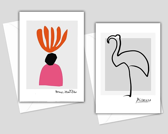 Matisse & Picasso Greeting Cards - Set of 10 All Occasion 5x7 Note Cards with Envelopes. Blank Inside. Assorted Modern Abstract Minimalist Designs.