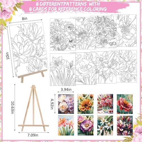 Tenceur 72 Pieces Pre Drawn Canvas Kit 8" x 10" Paint and Sip Kit for Adults DIY Painting Party Pre Printed Stenciled Canvas with Design Easels Aprons Brushes for Party Gifts(Flowers) - Image 2