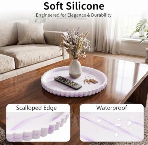 Silicone Bathroom Tray with Scalloped Edge, 11.9 Inch Round Large Vanity Tray for Bathroom Countertop, Non-Slip Elegant Sink Organizer Tray for Toiletries & Jewelry, Marble White Purple - Image 3