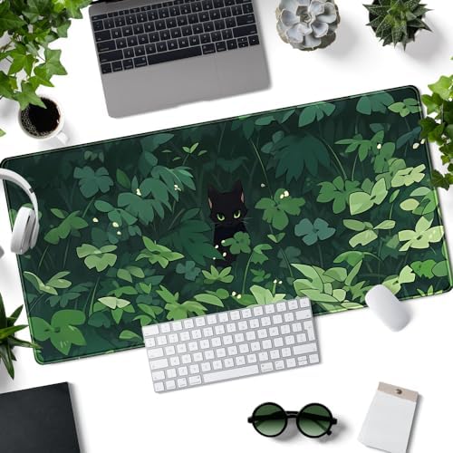 Black Cat Anime Desk Gaming Mat, XL Green & Large, 31.5x15.8in, for Women & Offices - Image 2