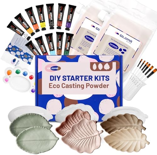Glizma Complete Gypsum Casting Powder Kit 2 Sets 6 Leaf Trays, Home Decor DIY Beginners Crafts Kits Adults Women, Water Activated, Fast Curing, Date Night Painting Kit(Acrylic Paint Inclueded) by Glizma