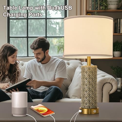 Set of 2 Table Lamp for Living Room Bedroom Farmhouse,26'' Touch Control Bedroom Smoke Grey Ceramic Lamps 3-Way Dimmable Bedside Lamps with USB A+C Ports Linen Shade for Home - Image 3