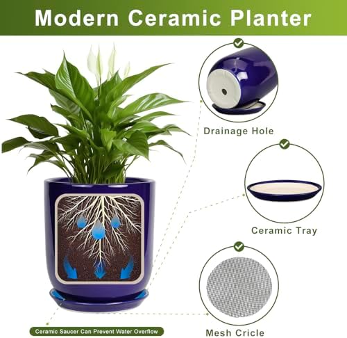 Ceramic Planter - 12 Inch Pots for Plants Ceramic Plant Pot Indoor with Drainage Hole and Saucer Large Planter Flower Pot Outdoor for Home Garden Decor Blue - Image 6