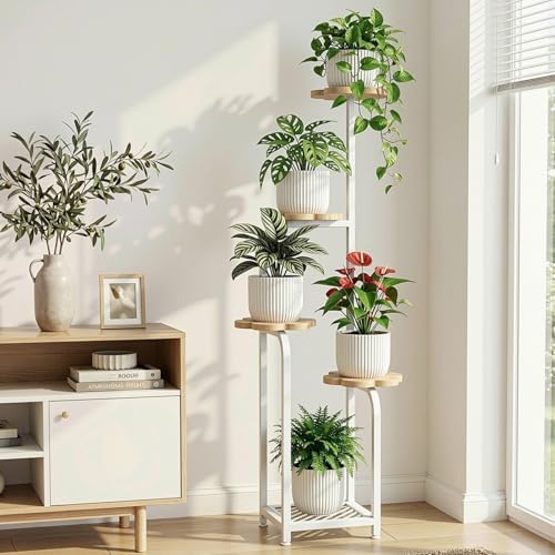TOSKING Tall 5-Tier Wood Plant Stand Indoor, Cloud Shelves, Oak & White - Image 2