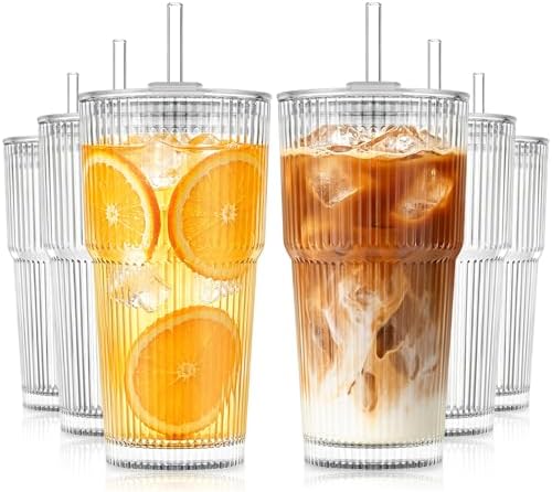 KEMORELA 20oz Ribbed Glass Tumblers with Lids and Straws, Iced Coffee Cups by KEMORELA