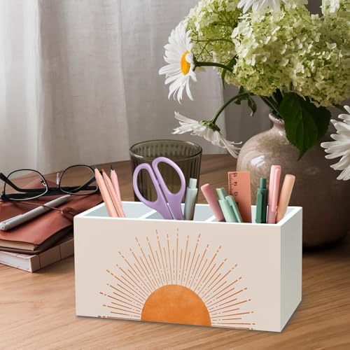DILSJ Boho Abstract Sunshine Pen Pencil Holder Organizer for Desk, Boho Office Decor, Mid Century Modern Minimalist Sun Sunset Sunshine Wooden Box Signs for Home Office Desk Tabletop Decoration - Image 4