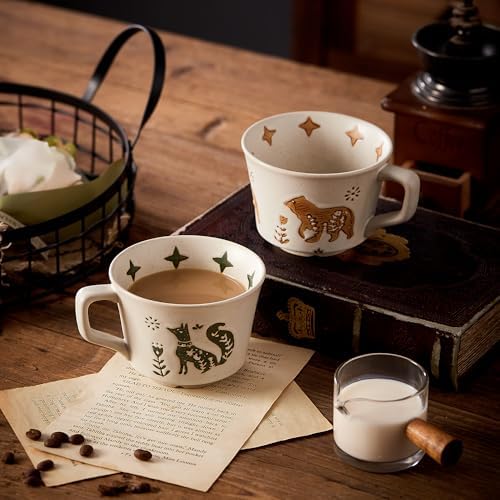 12oz Vintage Ceramic Coffee Mug Set of 4 - Handmade Stoneware Pottery Countryside Farmhouse Fall Autumn Tea Mugs with Big Handle for Latte,Cocoa,Dishwasher & Microwave Safe Cups (Animals) - Image 2
