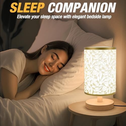 Desk Lamp LED Bulb Included, Small Bedside Table Lamp Plug-in - Classic Wood Base with Flaxen Fabric Shade, Lamps for Night Stands, Simple Nightstand Light for Bedroom, Office, Desk - Image 2