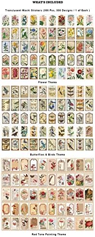 PRSTINCOL 300 Pcs Scrapbook Washi Stickers,Vintage Flower Butterfly Botanical Sticker Book for Junk Journal,Decorative Paper Stickers for Bullet Journal, Album, Collage, Planner, Gift Wrapping - Image 2
